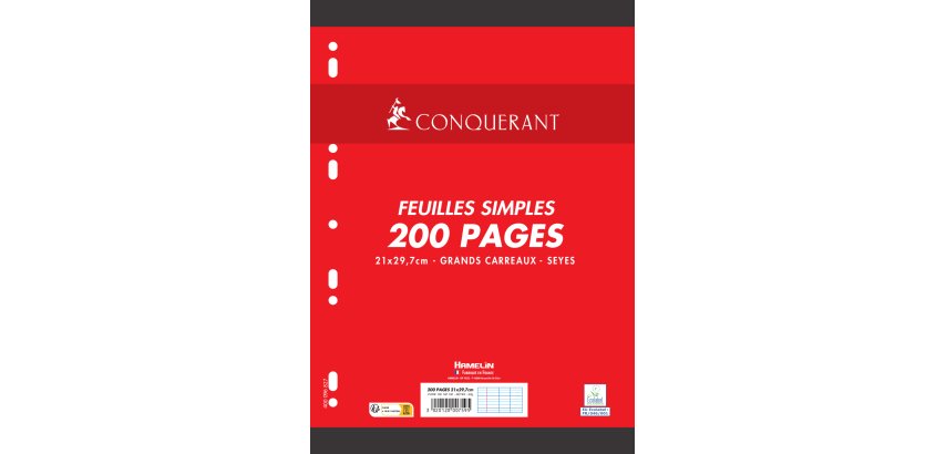 Feuillets mobiles de 200 pages seyès format A4 21 x 29,7 cm. Sous sachet, papier blanc