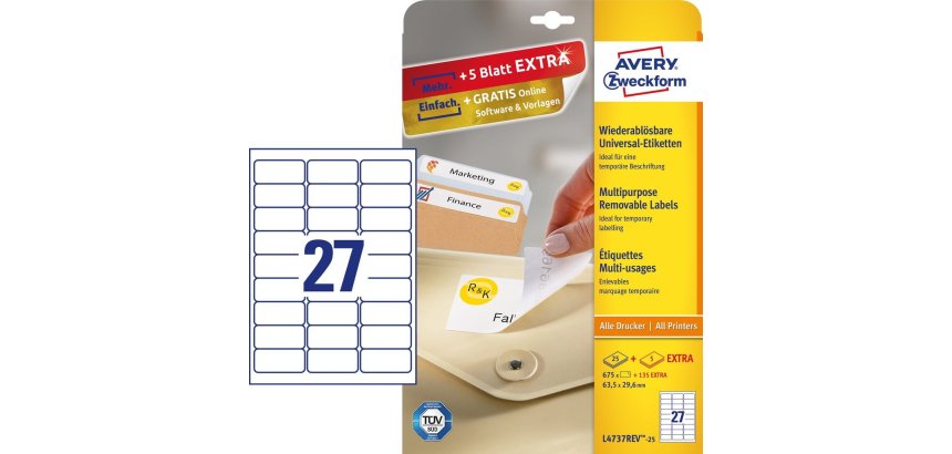 Avery L4737REV-25 etichetta autoadesiva Rettangolo con angoli arrotondati Rimovibile Bianco 675 pz