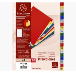 Intercalaires imprimés alphabétiques PP couleurs 12/100 AZ - A4 - Couleurs assorties