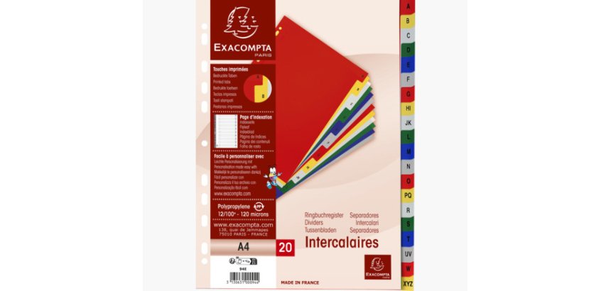 Intercalaires imprimés alphabétiques PP couleurs 12/100 AZ - A4 - Couleurs assorties