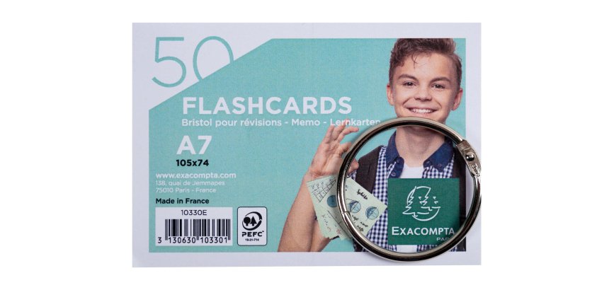 Paquet de 50 Flashcards sous film + anneau - bristol ligné perforé - format A7 - Couleurs assorties