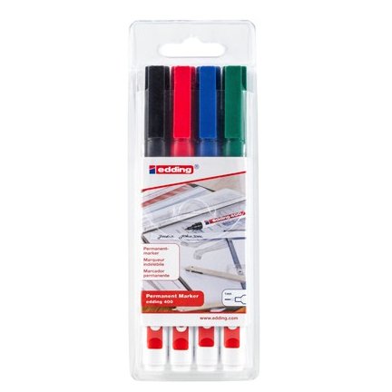 Marqueur permanent Edding E400 pointe ogive - Pochette de 4 couleurs assorties