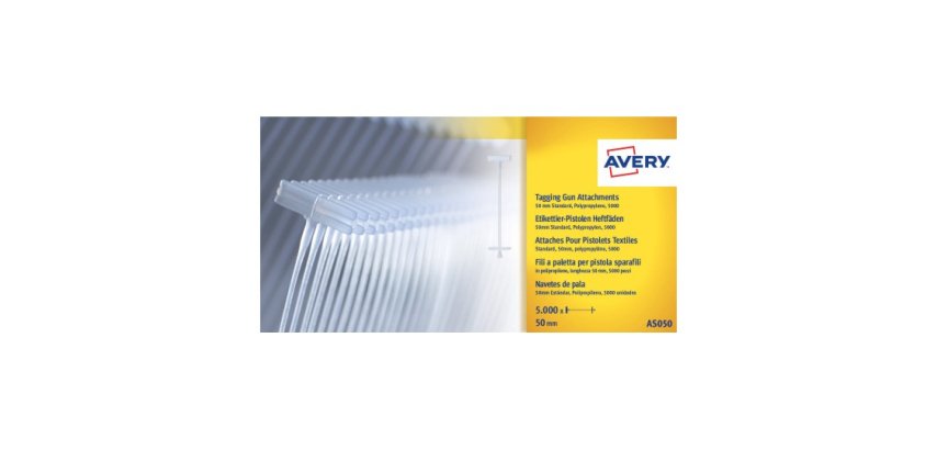 Attache polypropylène transparente longueur 50 mm Avery pour pistolet textile - Boîte de 5000