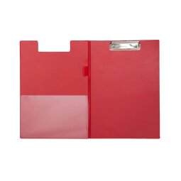 Porte-bloc à rabat A4 en PVC avec pince métal. Pochette intérieure/porte-stylo. Coloris rouge