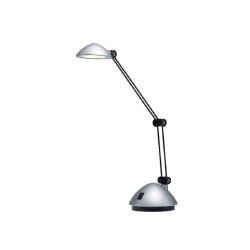 Lampe à LED Space Argent satiné métal et ABS - Bras 17 et 26 cm, Tête D9,5 cm Socle D13 cm