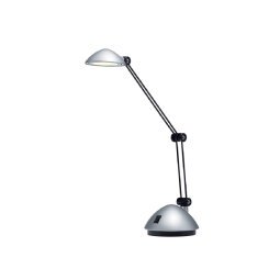 Lampe à LED Space Argent satiné métal et ABS - Bras 17 et 26 cm, Tête D9,5 cm Socle D13 cm