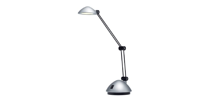 Lampe à LED Space Argent satiné métal et ABS - Bras 17 et 26 cm, Tête D9,5 cm Socle D13 cm