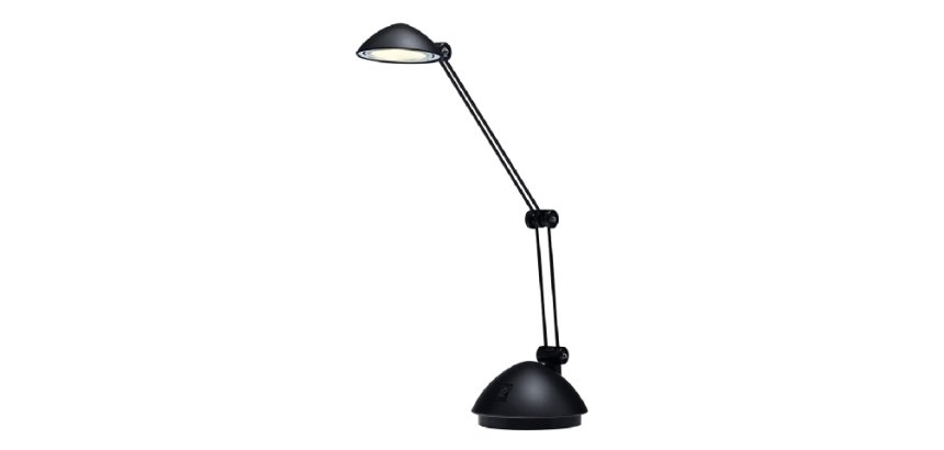 Lampe à LED Space Noire satiné métal et ABS - Bras 17 et 26 cm, Tête D9,5 cm Socle D13 cm