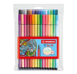 Feutre dessin stabilo pen 68 pointe moyenne ogive robuste pochette de 30 unités dont 6 fluos