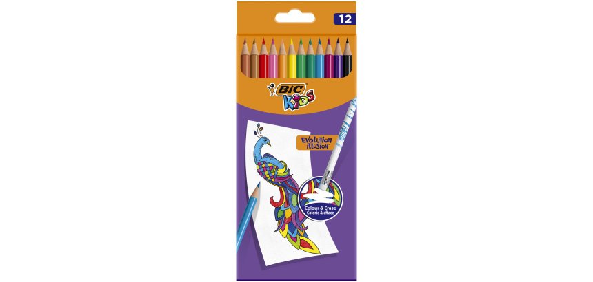 Crayon couleur bic evolution illusion resine de synthese   corps rond mine tres solide   effacable etui 12un
