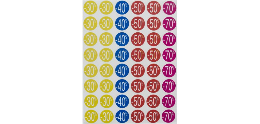 Étiquette adhésive apli pré-imprimée remise -30% -40% -50% -70% permanente coloris assortis 240 pastilles
