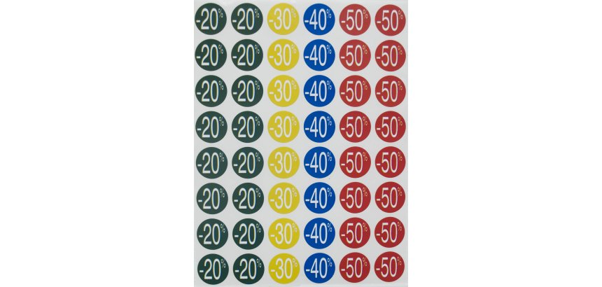 Étiquette adhésive apli pré-imprimée remise -20% -30% -40% -50% permanente coloris assortis 240 pastilles