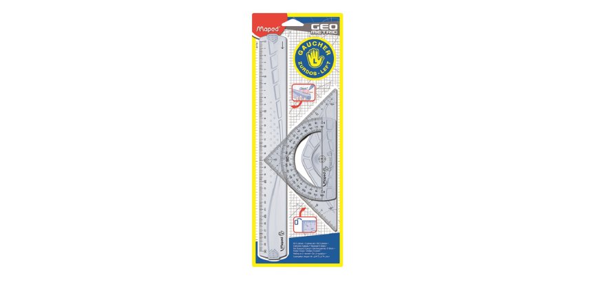 Kit de traçage géométrique maped spécial gauchers contenant règle équerre et rapporteur