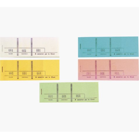 Bloc passe-partout 100 feuillets numérotés 4,8x15cm. 3 volets détachables. Coloris assortis
