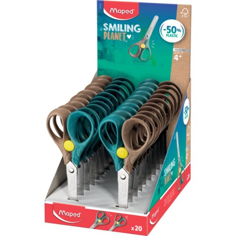 Ciseaux Security 13 cm Smiling Planet, composé à 50% de fibres de bois FSC, livré en présentoir