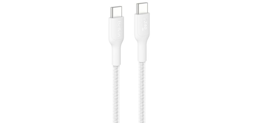 Chargeur et câble d'alimentation PC Belkin à gaine tressée USB-C vers USB-C 240W, longueur 1m, blanc