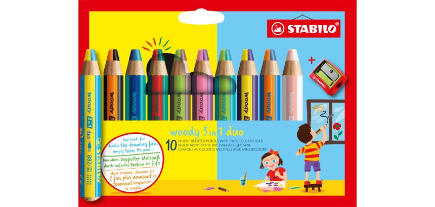 Crayon stabilo woody 3 en 1 duo multi-talents mine bicolore pointe 10mm taille-crayon inclus etui 10 unites assorties
