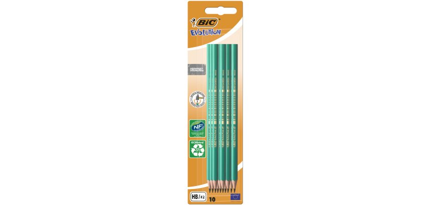 Blister de 10 crayons papier HB Evolution. Corps hexagonal.Fait à partir de 57% de matières recyclées