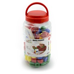 Bocal de 75 perles en plastique de formes et couleurs variées avec abaques, lacets