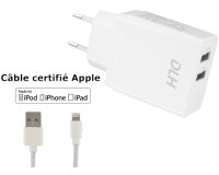 DLH CHARGEUR SECTEUR 2 PORTS USB 12W AVEC CABLE APPLE LIGHTNING MFI POUR IPHONE ET IPAD