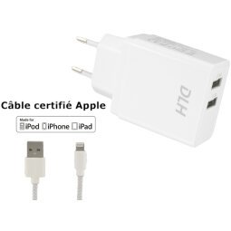 DLH CHARGEUR SECTEUR 2 PORTS USB 12W AVEC CABLE APPLE LIGHTNING MFI POUR IPHONE ET IPAD