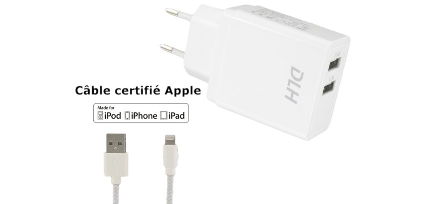 DLH CHARGEUR SECTEUR 2 PORTS USB 12W AVEC CABLE APPLE LIGHTNING MFI POUR IPHONE ET IPAD