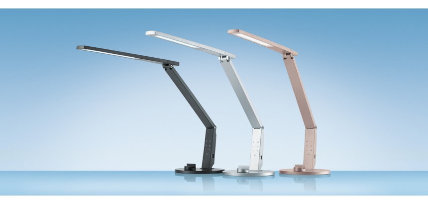 Lampe LED Vario Plus avec variateur, anthracite. Dim tête 46,5 cm x 4,4, pied Ø 20, bras 17 x 33 cm