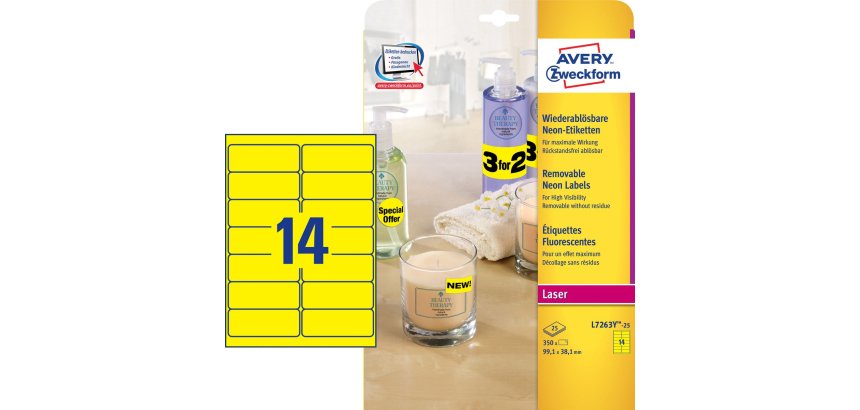 Etiquette repositionnable 99,1 x 38,1 mm laser Avery  jaune - Boîte de 350