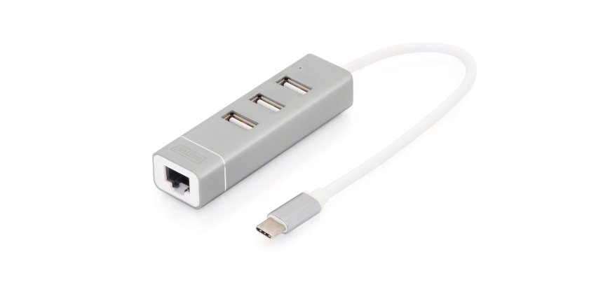 Digitus Concentrador USB 2.0 de 3 puertos y adaptador LAN Fast Ethernet con conexión Type-C™