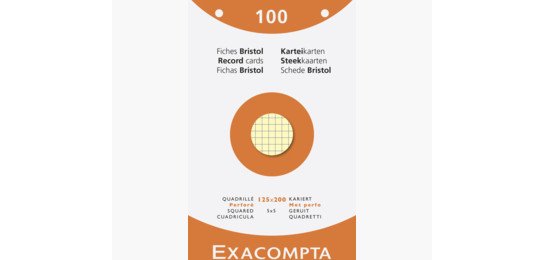 Étui de 100 fiches - bristol quadrillé 5x5 perforé 125x200mm - Couleurs assorties