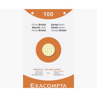 Étui de 100 fiches - bristol quadrillé 5x5 perforé 125x200mm - Couleurs assorties