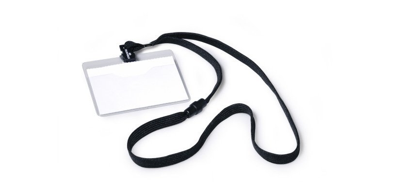 Badge, avec lacet textile, 90 x 60 mm, noir