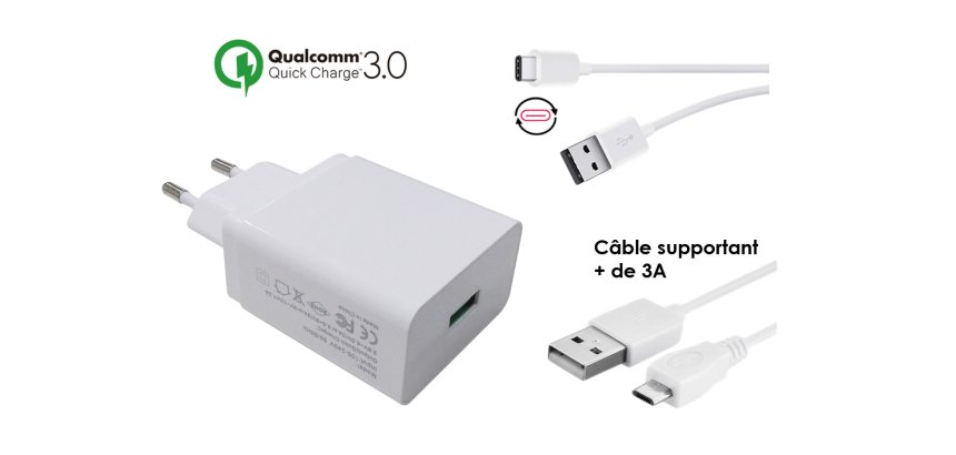 DLH Chargeur secteur USB-A Quick Charge 3.0 avec cable USB-C et cable micro USB