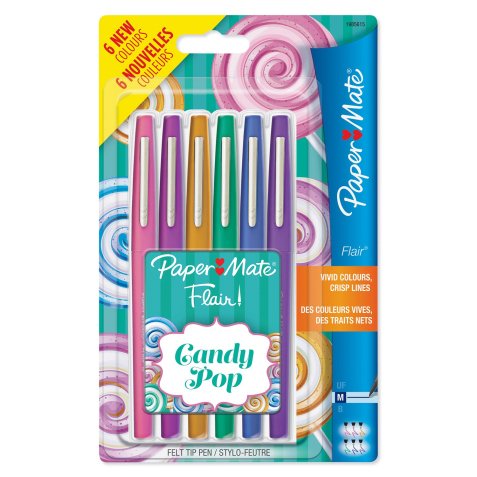 Blister de 6 stylos feutres Flair Candy Pop. Framboise, Fraise, Caramel, Vert, Bleu, Raisin