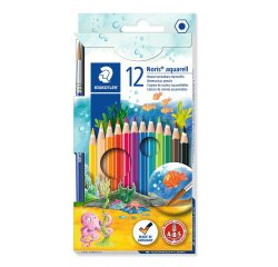 Crayon couleur staedtler noris club aquarell mine 3mm abs anti-casse pinceau inclus coloris vifs étui carton 12 unités