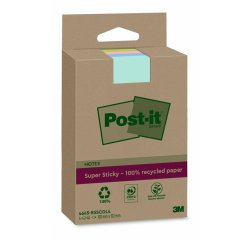 Bloc-notes post-it super sticky grand format recycles 102x152mm 45f repositionnables lignes col. assortis pack 4 blocs