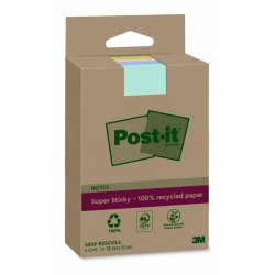 Bloc-notes post-it super sticky grand format recycles 102x152mm 45f repositionnables lignes col. assortis pack 4 blocs