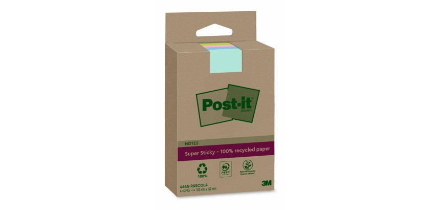 Bloc-notes post-it super sticky grand format recycles 102x152mm 45f repositionnables lignes col. assortis pack 4 blocs