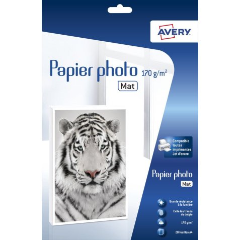 Boîte de 20 feuilles de papier photo mat A4, Jet d'encre, 170 g