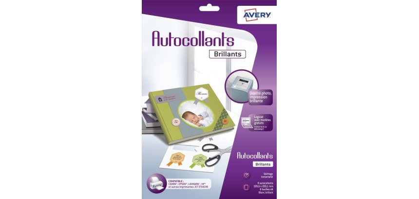 Autocollant blanc brillant qualité photo 289,1 x 199,6 mm - Sachet de 8