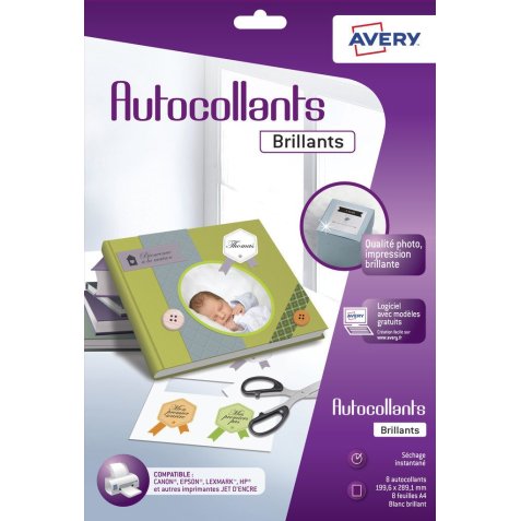 Sachet de 8 autocollants blancs brillants qualité photo A4. Impression jet d'encre
