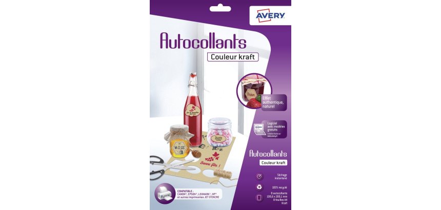 Papier d'impression Avery Dennison 8 autocollants couleur kraft 100% recyclés - A4 - Jet d'encre ou laser