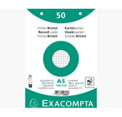 Paquet 50 fiches sous film - bristol quadrillé 5x5 perforé 148x210mm - Blanc