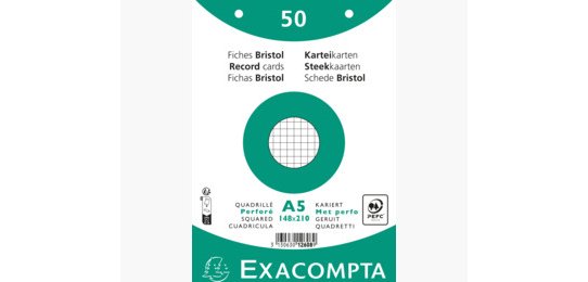 Paquet 50 fiches sous film - bristol quadrillé 5x5 perforé 148x210mm - Blanc