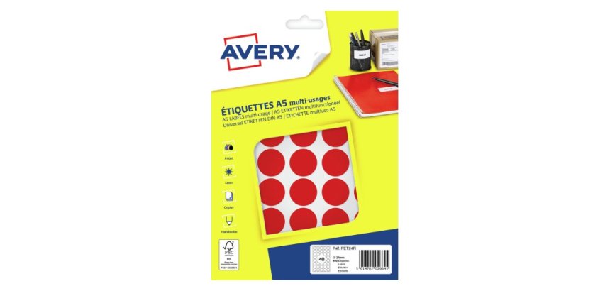 Pastille adhesive avery impression laser jet encre et copieur diametre 24mm         permanente coloris rouge