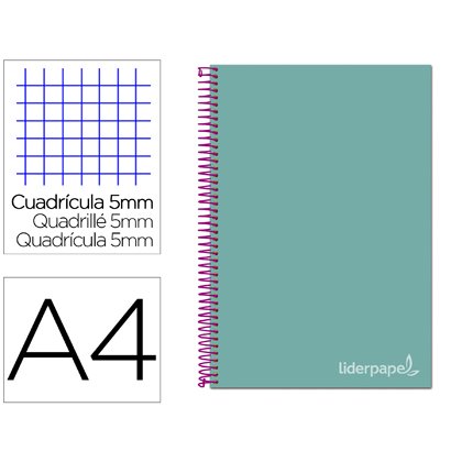 Cahier spirale liderpapel jolly couverture contrecollée a4 280p 75g/m2 5x5mm microperforé 4 trous coloris turquoise