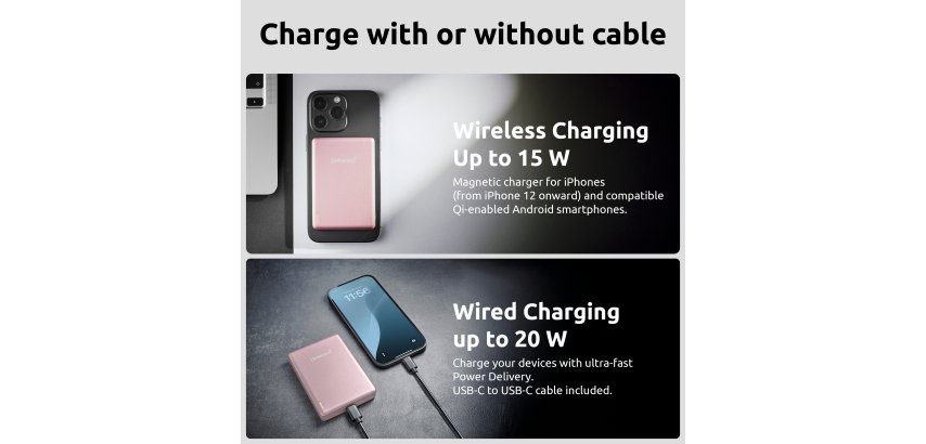 Intenso MW10000 Magnetic Power Bank 10000 mAh – MagSafe Compatible, 15W Wireless Charging, 20W USB-C PD, For iPhone & Android – Tested in Germany – Rosé