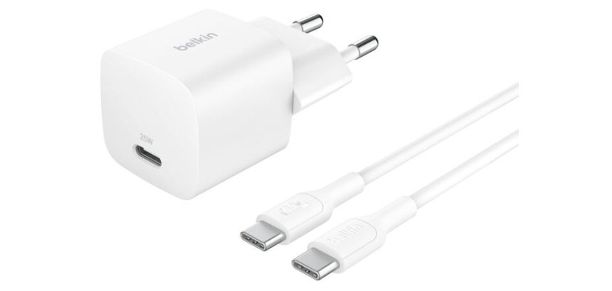 Chargeur pour téléphone mobile Belkin secteur USB-C 25W Power Delivery, avec câble d'un mètre USB-C vers USB-C inclus, blanc.