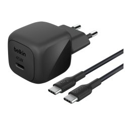 Chargeur pour téléphone mobile Belkin secteur USB-C 45W, avec câble d'un mètre USB-C vers USB-C inclus, noir.