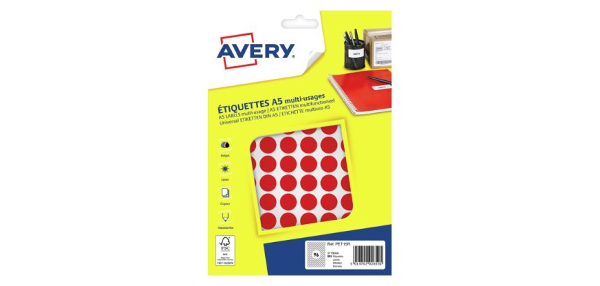 Pastille adhesive avery impression laser jet encre et copieur diametre 15mm         permanente coloris rouge